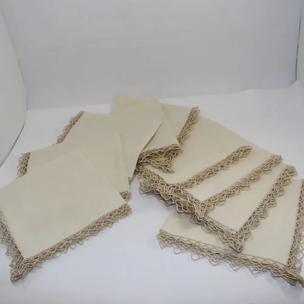 Vintage Cream Linen Napkins w Crochet Lace Set of 9‎